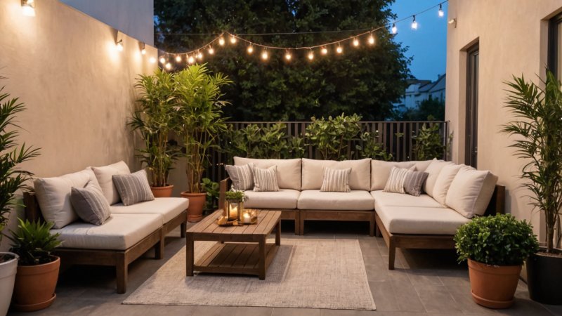 udendørs terrasse design, hyggelige terrasse ideer, udendørs møbler, planter til terrasse, terrasse belysning