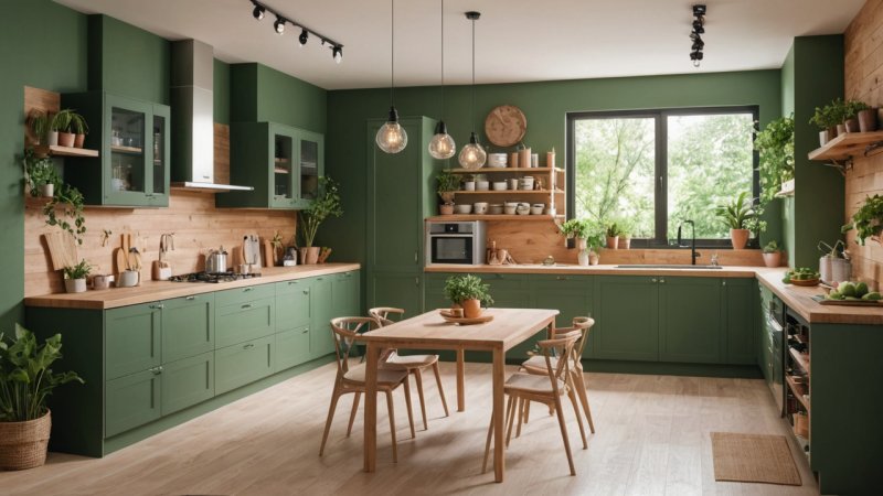 grønt køkken, bæredygtige materialer, miljøvenlige apparater, køkkenindretning, madlavningsteknikker, måltidsplanlægning, lokale ingredienser