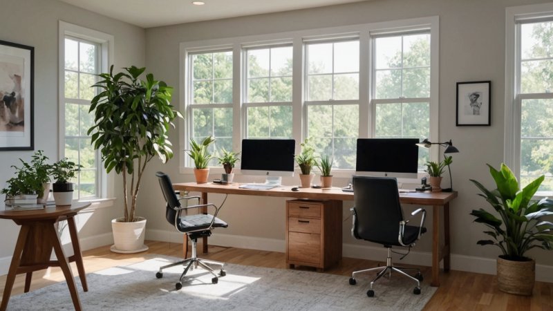 hjemmekontor design, par arbejdsplads, ergonomiske møbler, produktivitet tips, samarbejdende teknologi